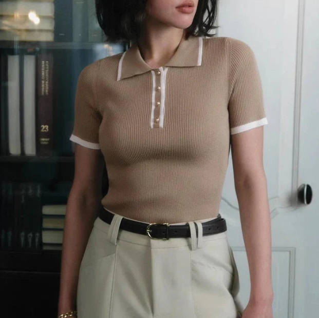 Ribbed Knit Polo Top